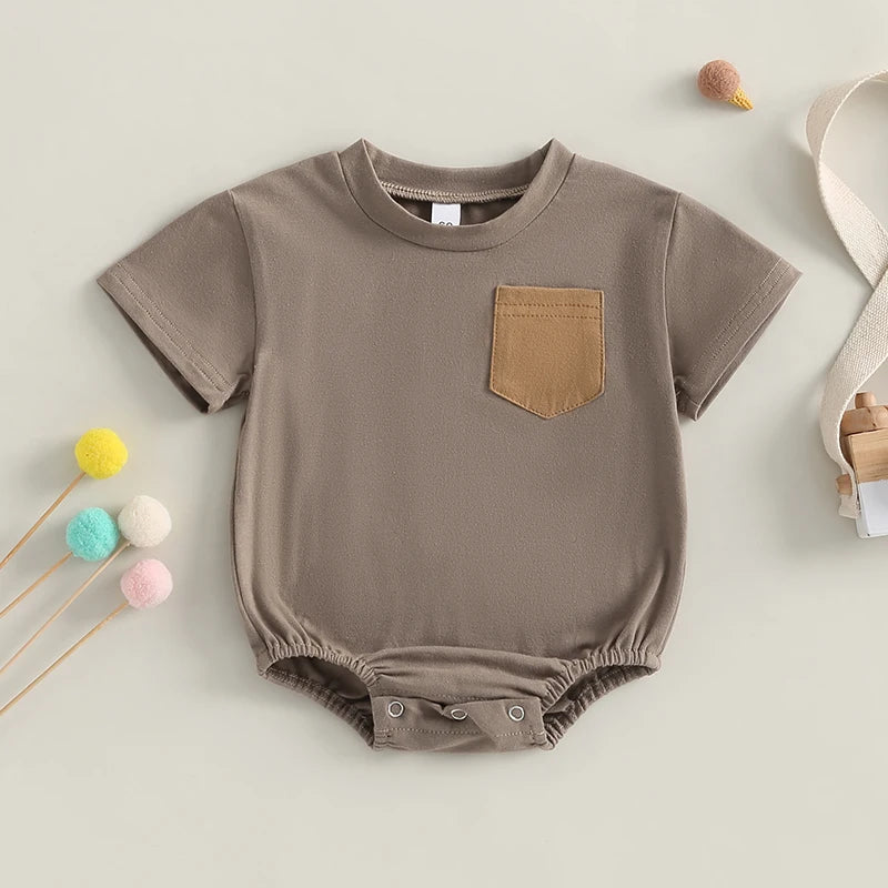 Baby Girl Soft Cotton Pocket Romper Short Sleeve Jumpsuit