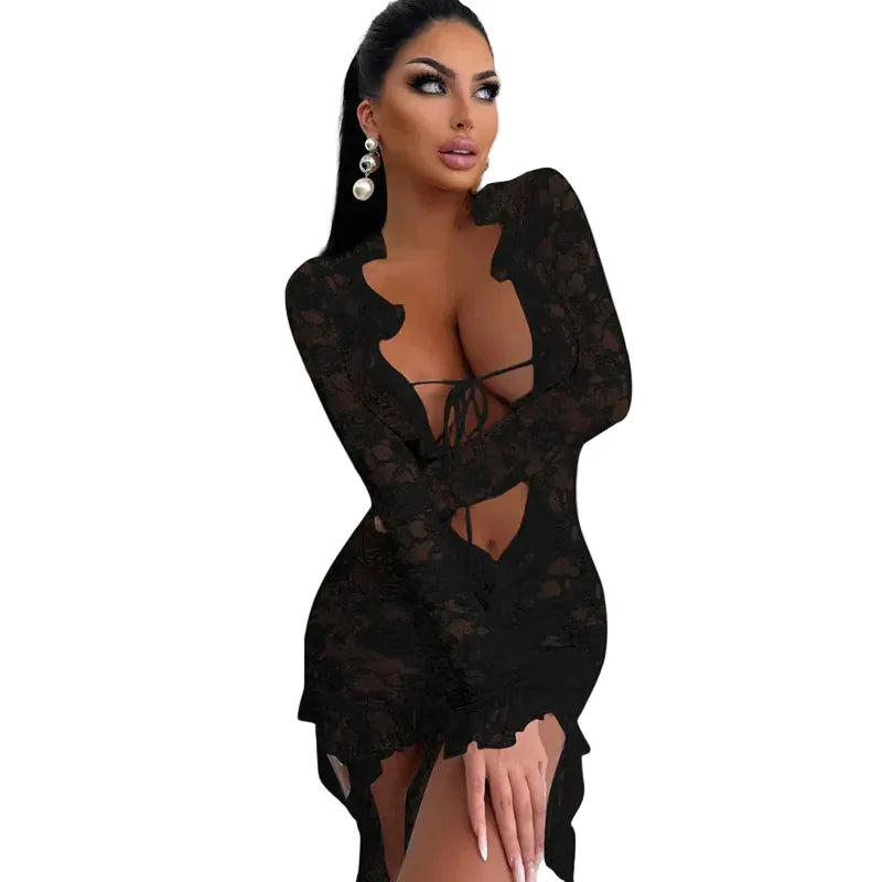 Women Lace See Through Deep V-neck Bodycon Mini Dress