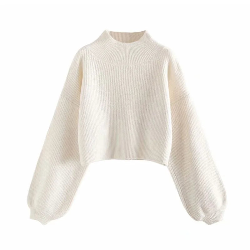 Women Thick Knitted Turtleneck Lantern Sleeve Short Pullover Sweater
