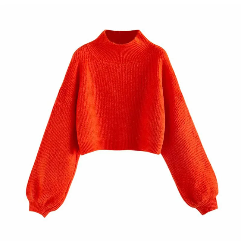 Women Thick Knitted Turtleneck Lantern Sleeve Short Pullover Sweater
