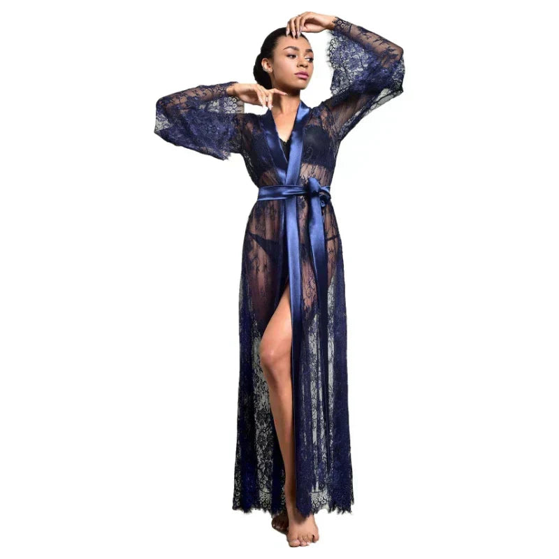 Women Sexy Lace Long Sleeve Robe Nightgowns
