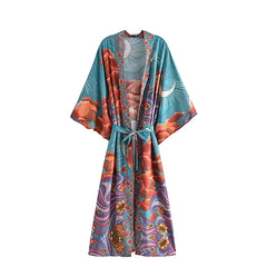 Women Star Floral Print Bat Sleeve Beach Kimono Dresses