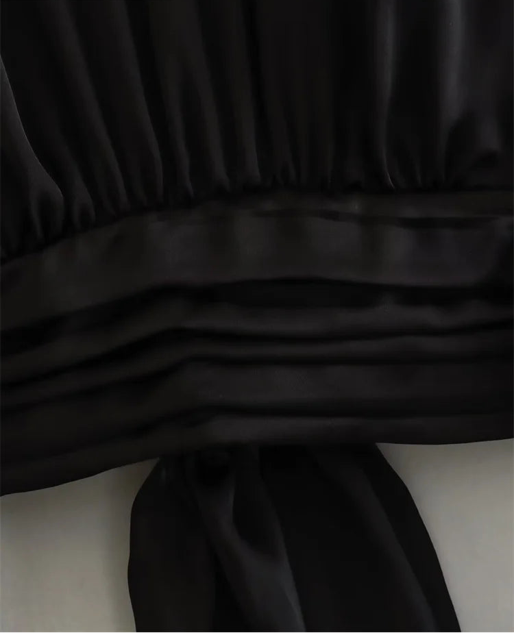 Women Black Satin Smock Crop Blouse