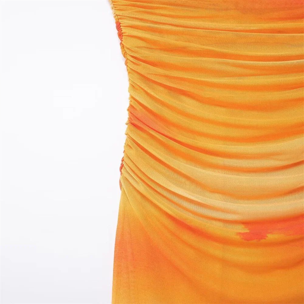 Women Casual Pleated Printed Silk Mesh Dress