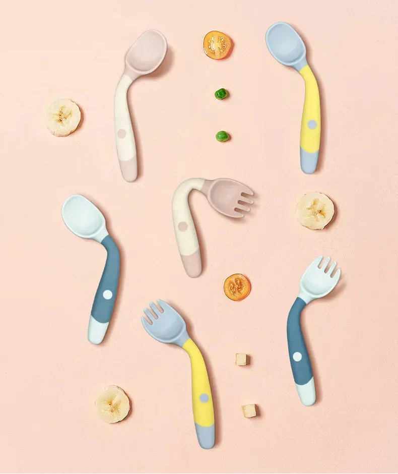 Kids Baby Spoon Fork Soft Bendable Silicone Scoop Fork Kit Tableware