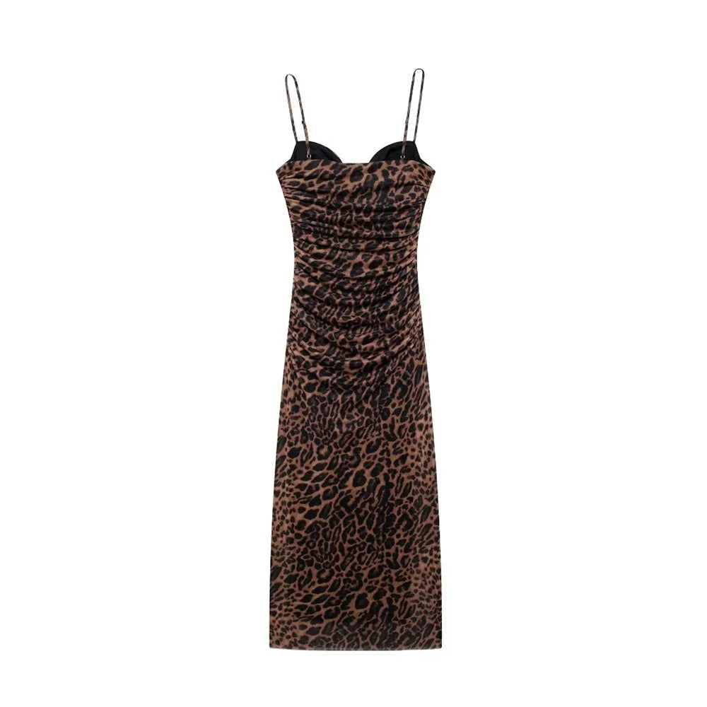 Women Casual Pleated Printed Silk Mesh Dress