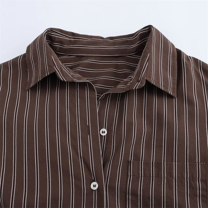 Women Long Sleeves Vertical Stripe Formal Shirt