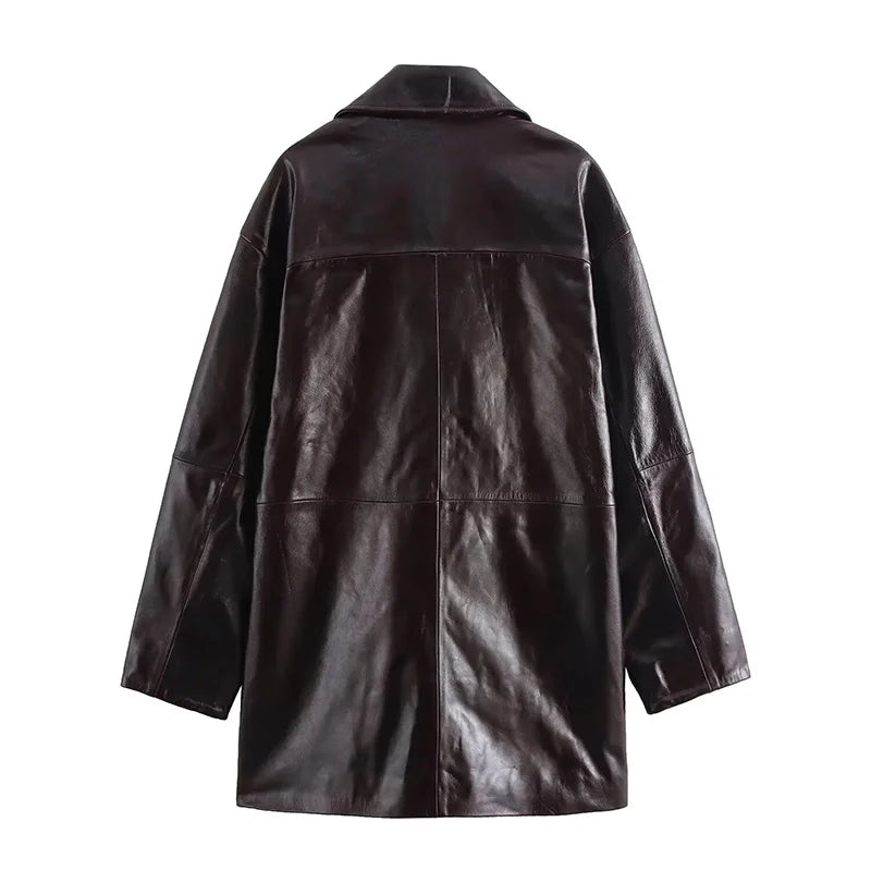 Women Leather High Waist A-line Skirt Suits