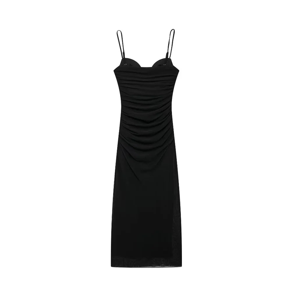 Women Casual Pleated Printed Silk Mesh Dress