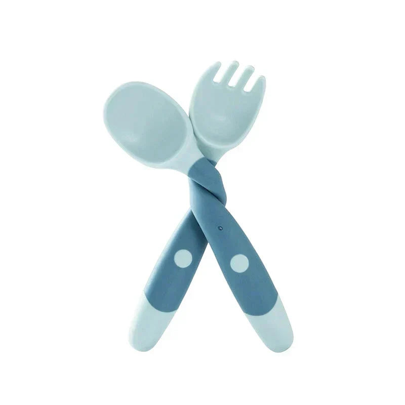 Kids Baby Spoon Fork Soft Bendable Silicone Scoop Fork Kit Tableware