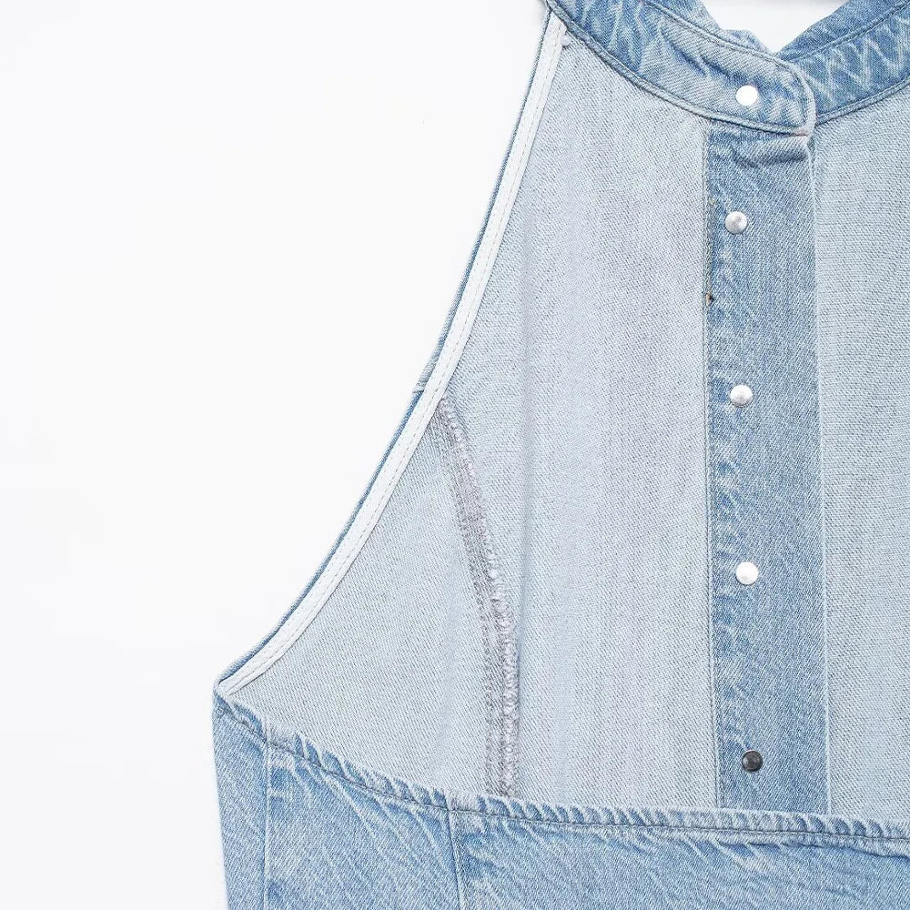 Women Halter Wide Leg  Light Denim Jumpsuit