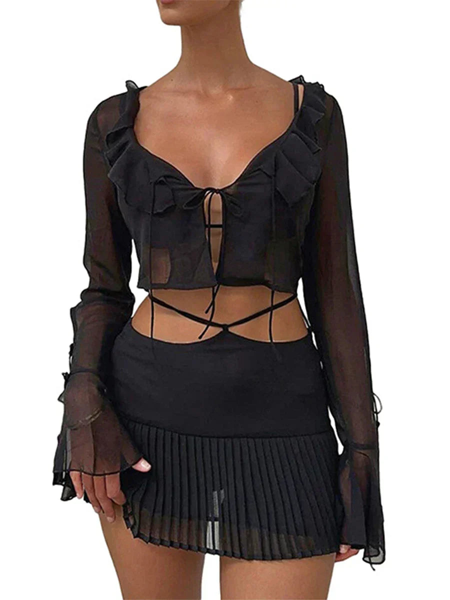 Women Sheer Chiffon Ruffle Tie Up Cardigan + Mini Skirt Outfits