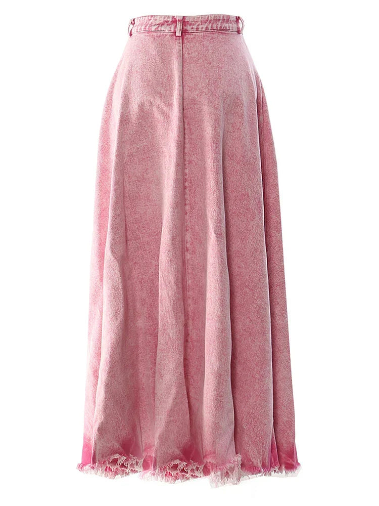 Women Casual High Waist Rose Red Long Skirt