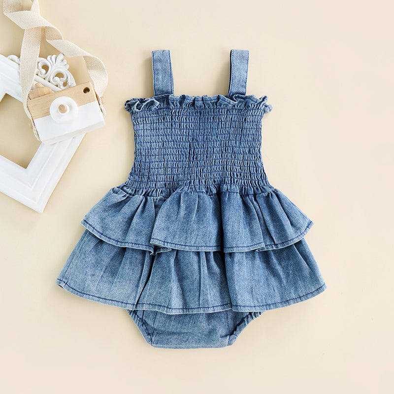 Kids Baby Girl Sleeveless Ruffle Denim Suspender Romper