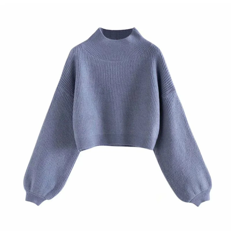 Women Thick Knitted Turtleneck Lantern Sleeve Short Pullover Sweater