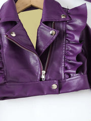 Kids Girl Ruffled Lapel Zipper Leather Motorcycle Jacket + Hat