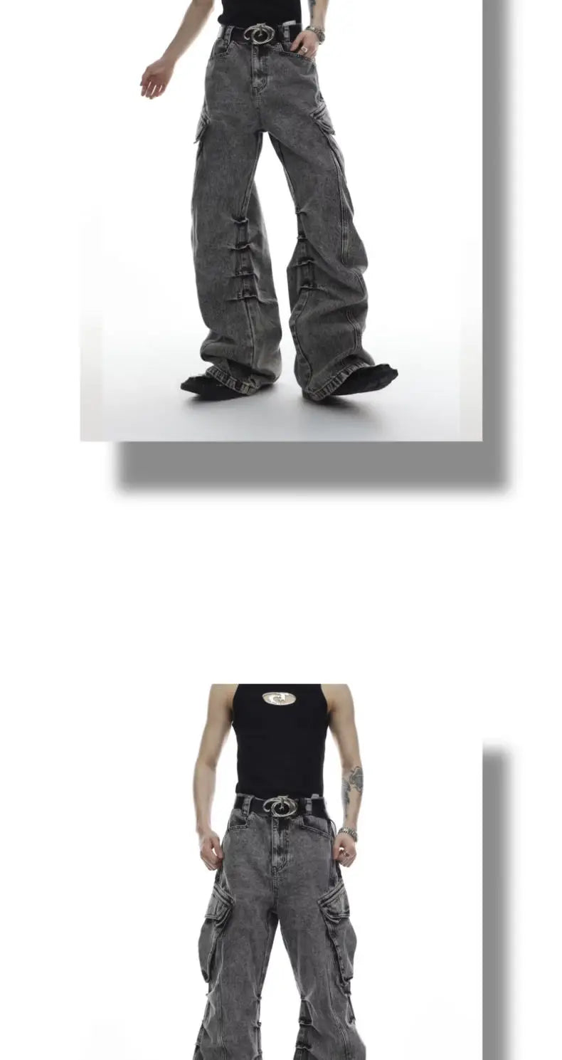 Men Casual Washed Straight Wide Leg Jeans