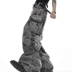 Men Casual Washed Straight Wide Leg Jeans