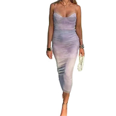 Women Casual Pleated Printed Silk Mesh Dress