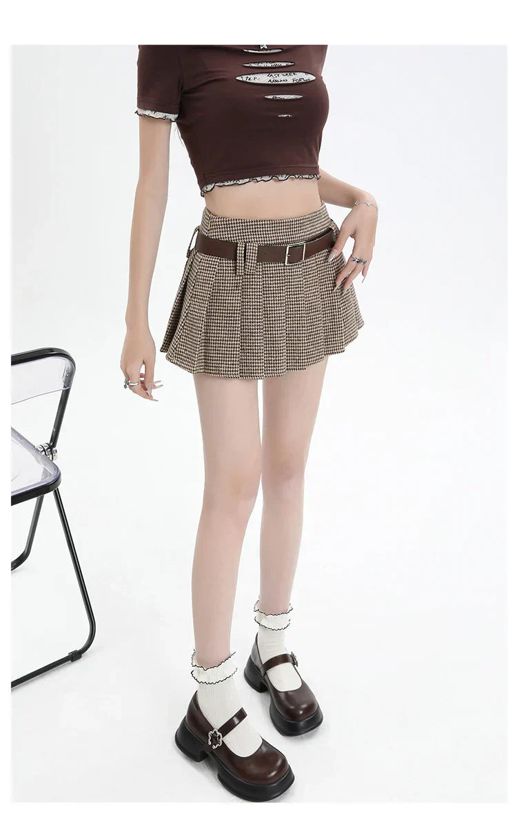 Women College Style Grid Pleated High Waist A-line Short Skirts