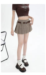 Women College Style Grid Pleated High Waist A-line Short Skirts