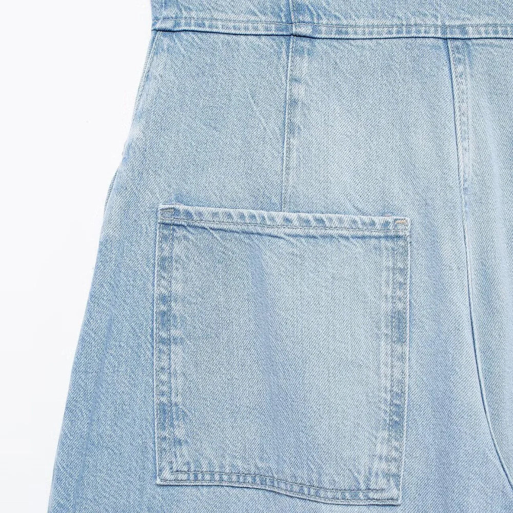 Women Halter Wide Leg  Light Denim Jumpsuit