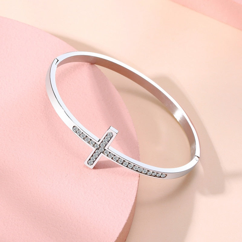 Women Cuff Bangles Cross Crystal Bracelets
