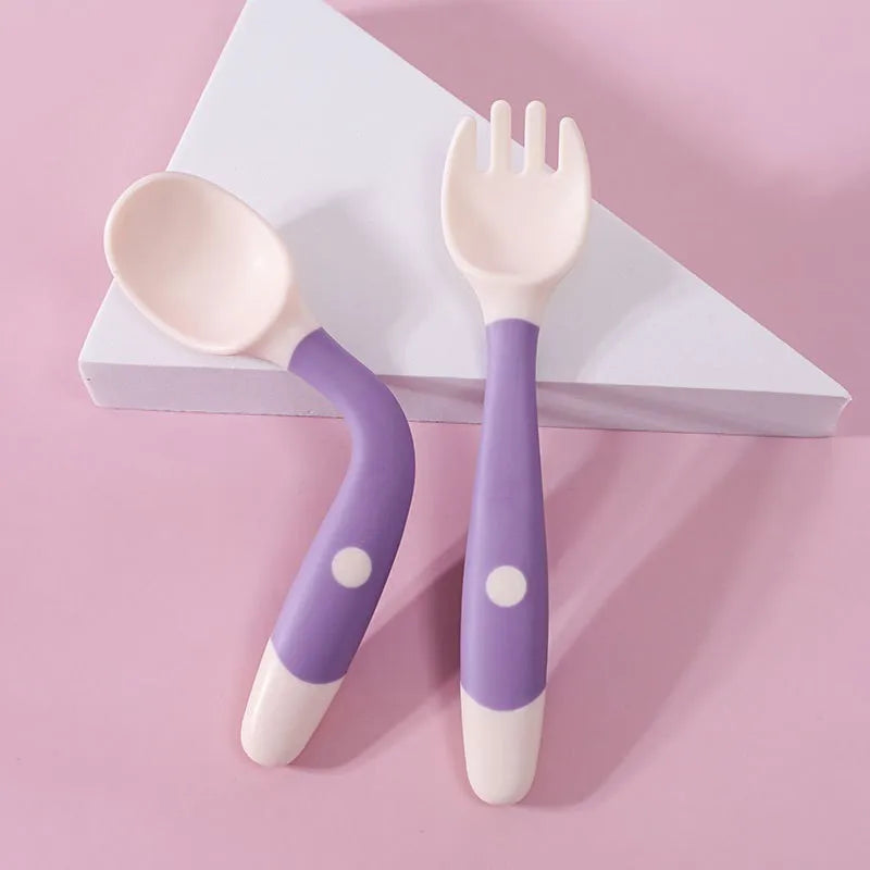 Kids Baby Spoon Fork Soft Bendable Silicone Scoop Fork Kit Tableware