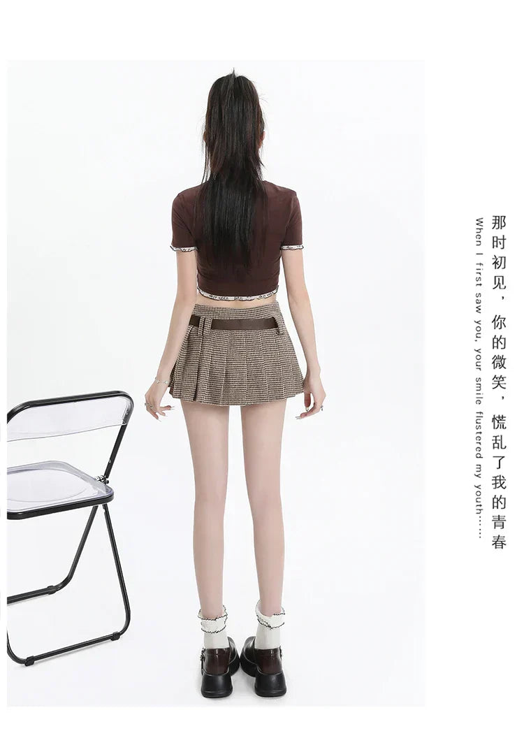 Women College Style Grid Pleated High Waist A-line Short Skirts