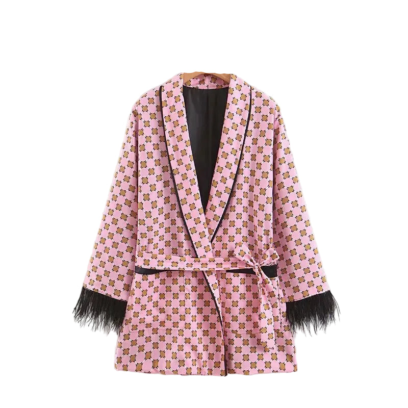 Women Kimono Jacket with Feather Detail + Pants Set