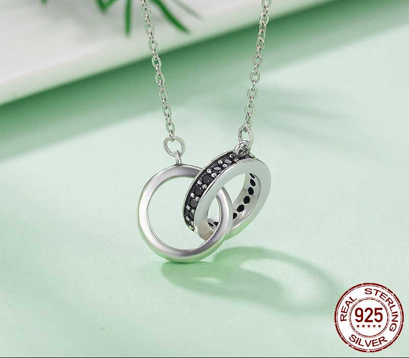 Sterling Silver 925 Minimalist Geometric Double Circle Black CZ Pendant Necklace