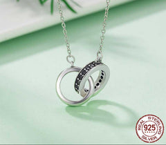 Sterling Silver 925 Minimalist Geometric Double Circle Black CZ Pendant Necklace