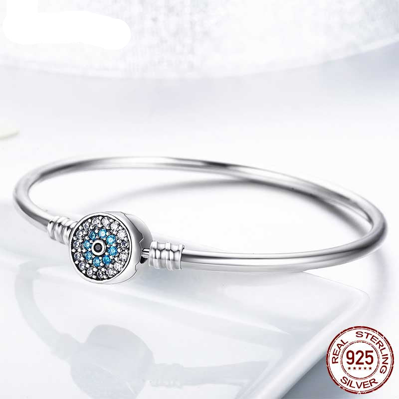 Sterling Silver 925 Blue Evil Eye Bangle Bracelet