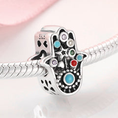 Women 100% Real 925 Silver Blue Enamel Fatima Hand Bead Charms