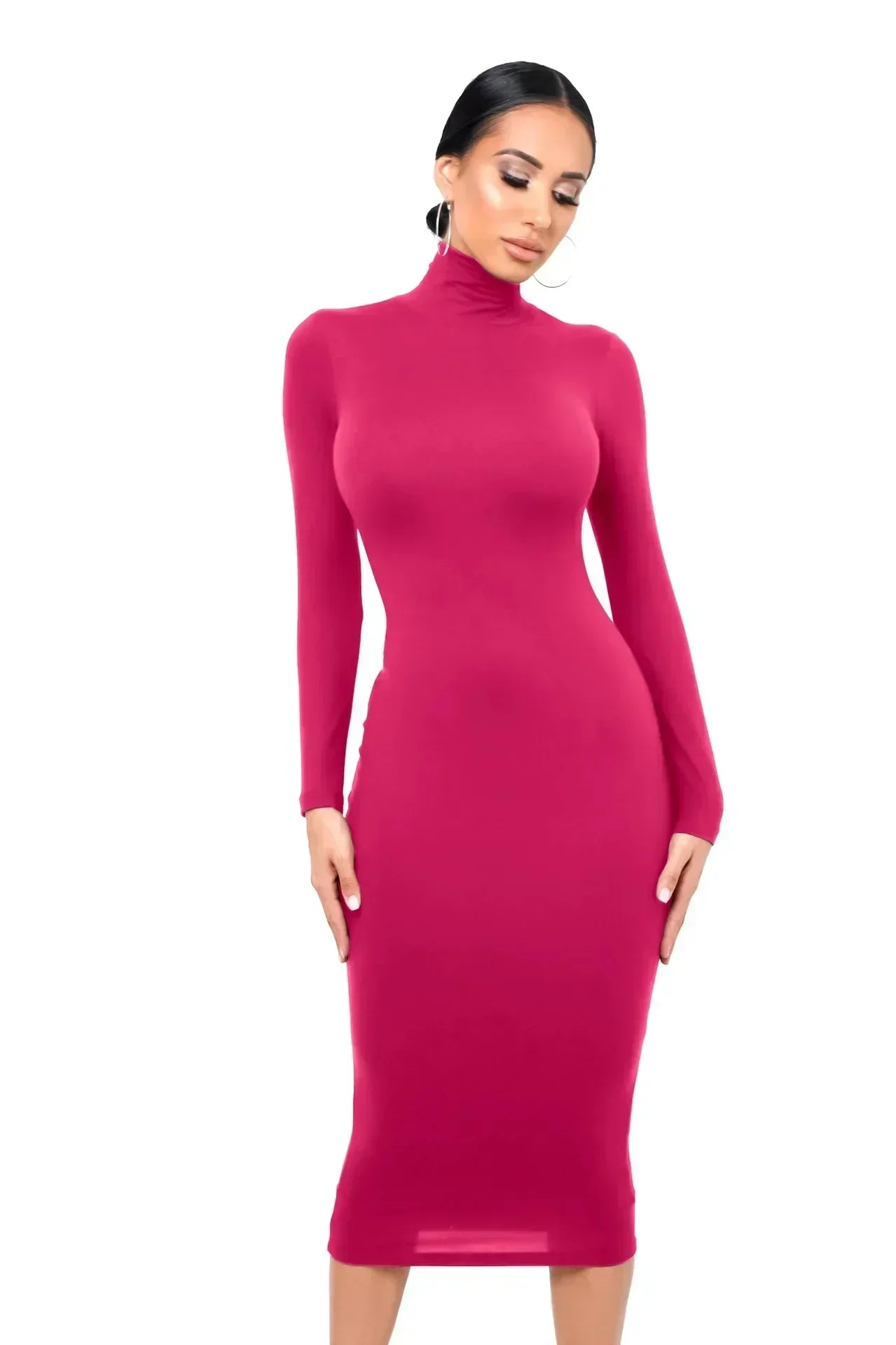 Women Velvet Slim Pullover Knitted High-Necked Long Sleeve Dress