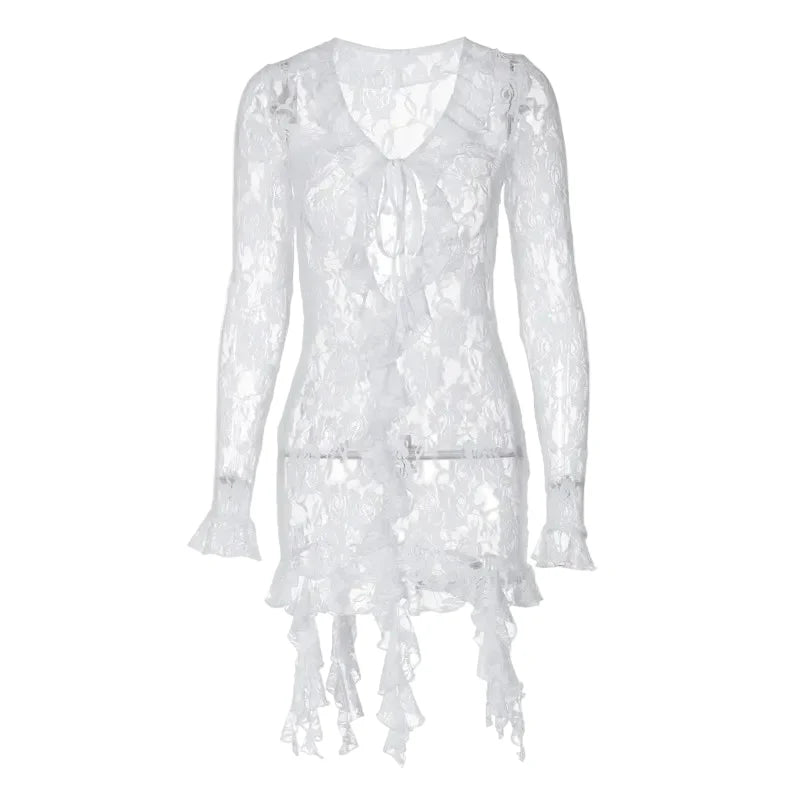 Women Lace See Through Deep V-neck Bodycon Mini Dress