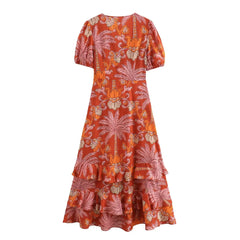 Women Casual Printed Pleats Short Sleeve Midi Dress
