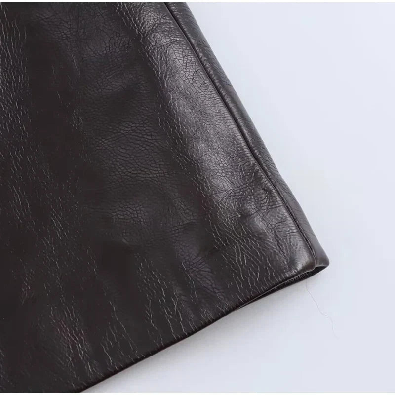 Women Leather High Waist A-line Skirt Suits