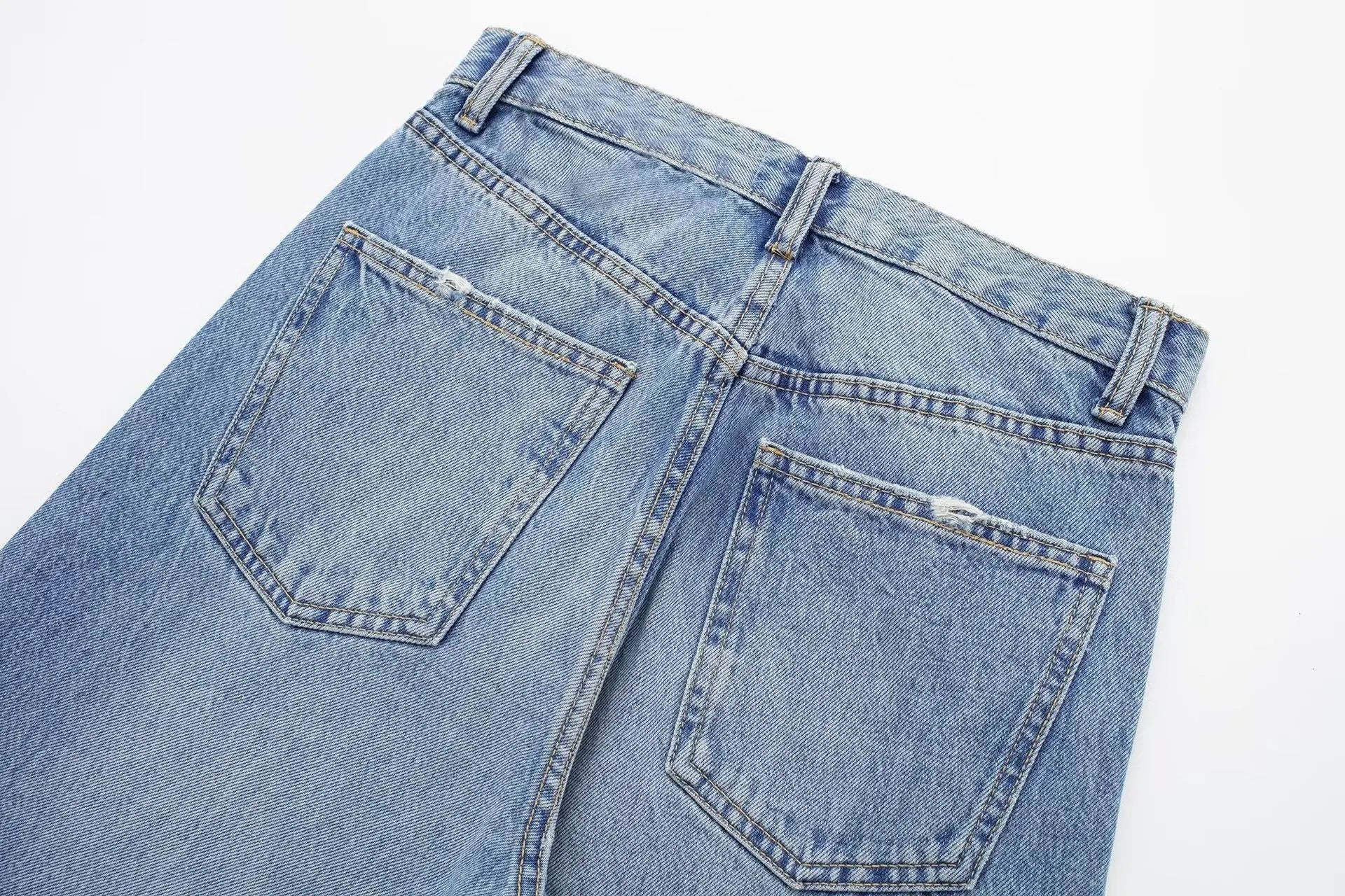 Women Blue Denim High Waist Wide Leg Ripped Jeans