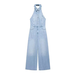 Women Halter Wide Leg  Light Denim Jumpsuit