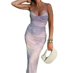 Women Casual Pleated Printed Silk Mesh Dress