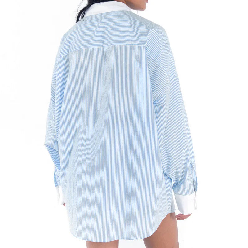 Women Striped Long Sleeve Button-down Shirt with Shorts Co Ords