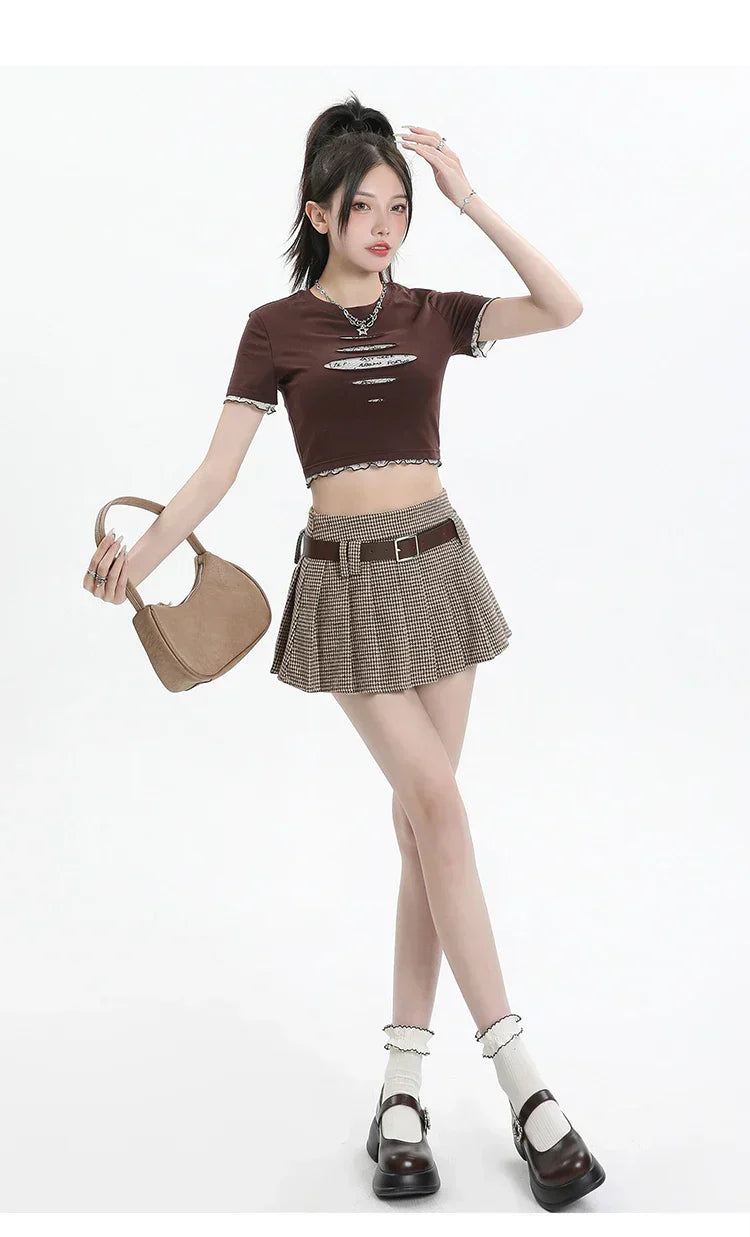 Women College Style Grid Pleated High Waist A-line Short Skirts