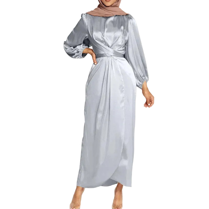 Women Satin Long Sleeve Front Tie Dress