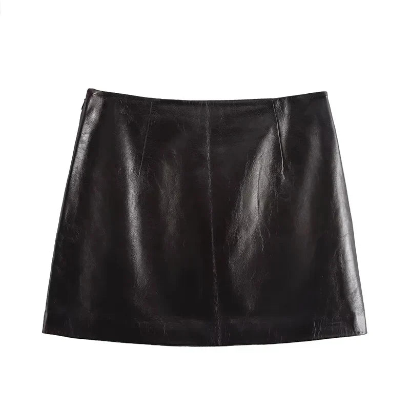 Women Leather High Waist A-line Skirt Suits