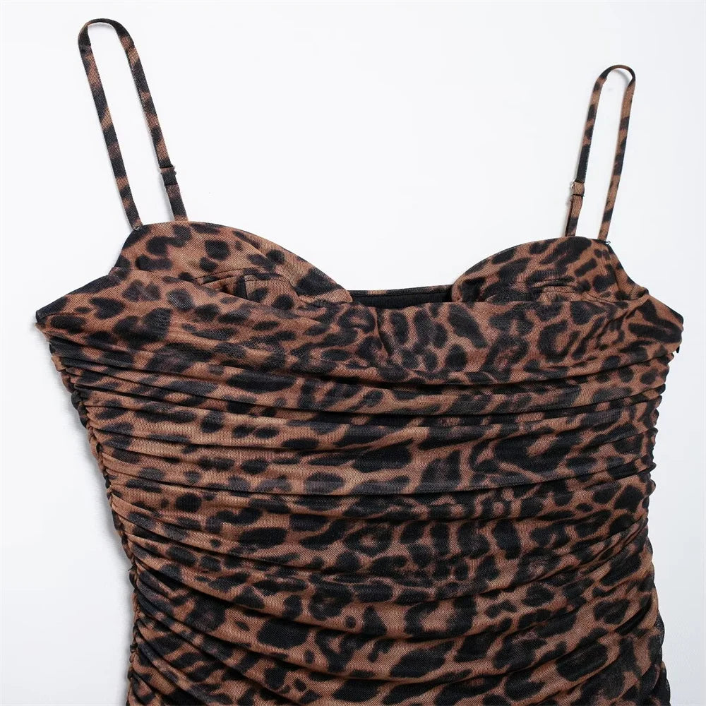 Women Casual Pleated Printed Silk Mesh Dress