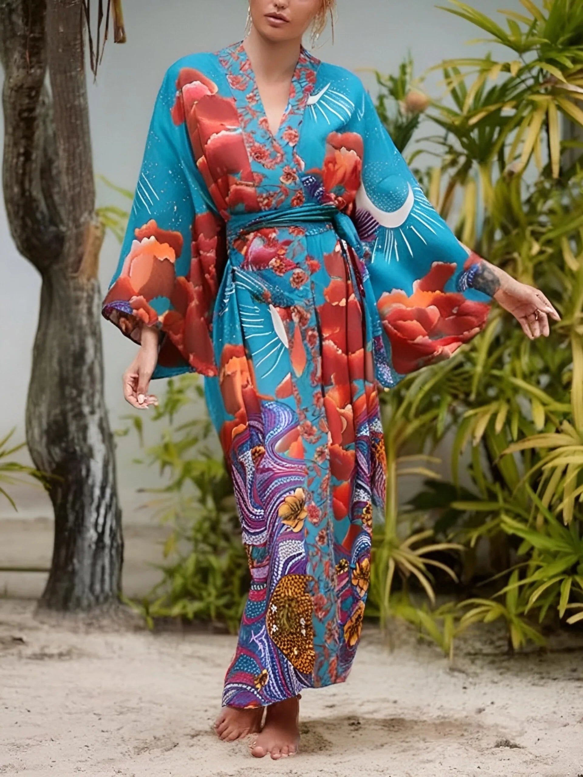 Women Star Floral Print Bat Sleeve Beach Kimono Dresses
