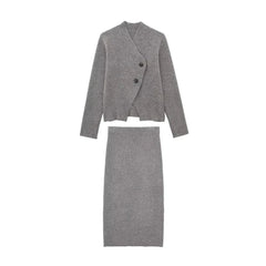Women V-Neck Irregular Cardigans Knitted Elegant Skirt Grey Two Piece Outfits