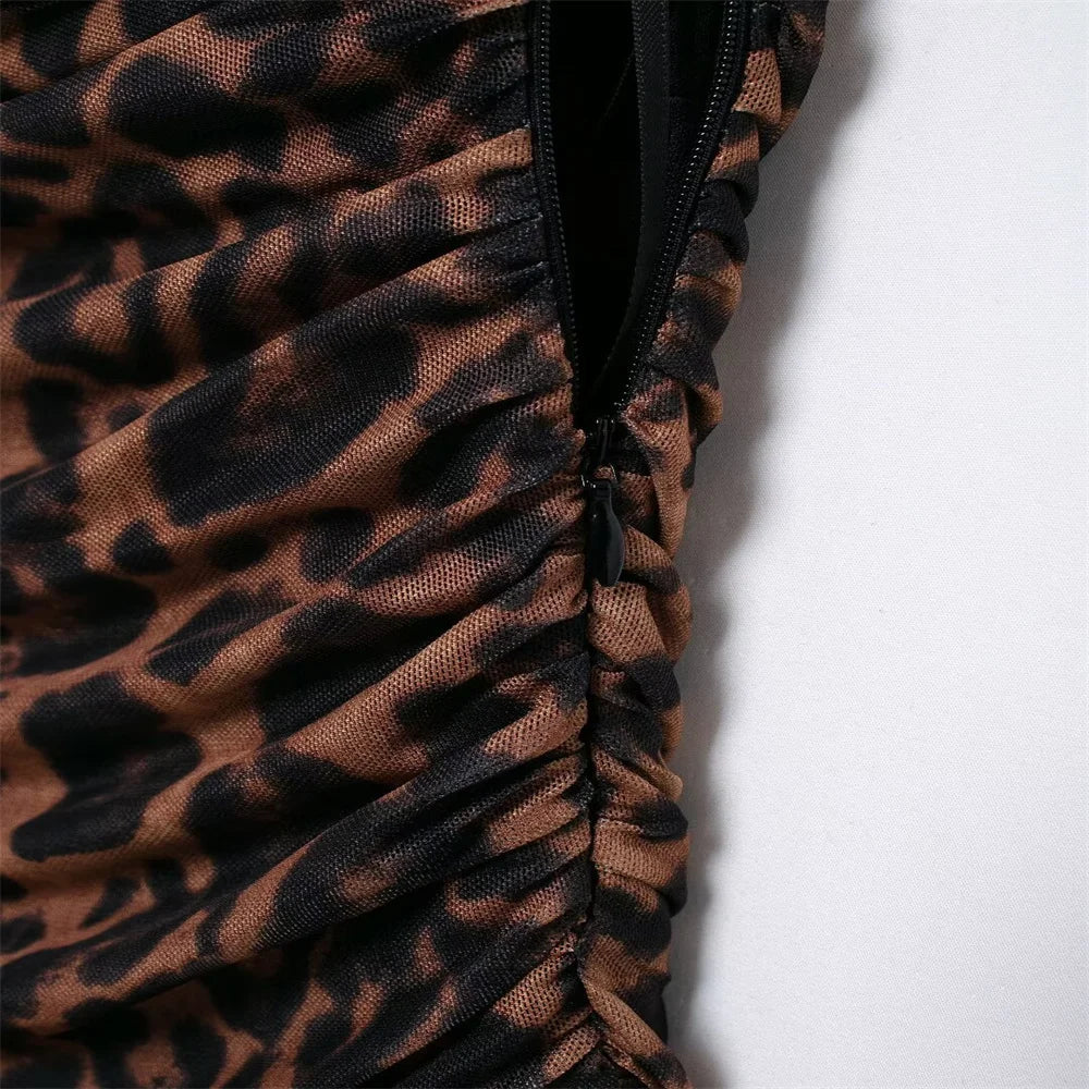 Women Casual Pleated Printed Silk Mesh Dress