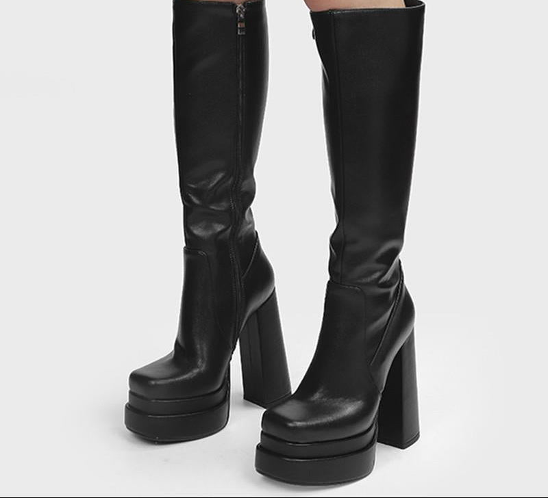 Women Genuine Leather Black Long Platform Boots